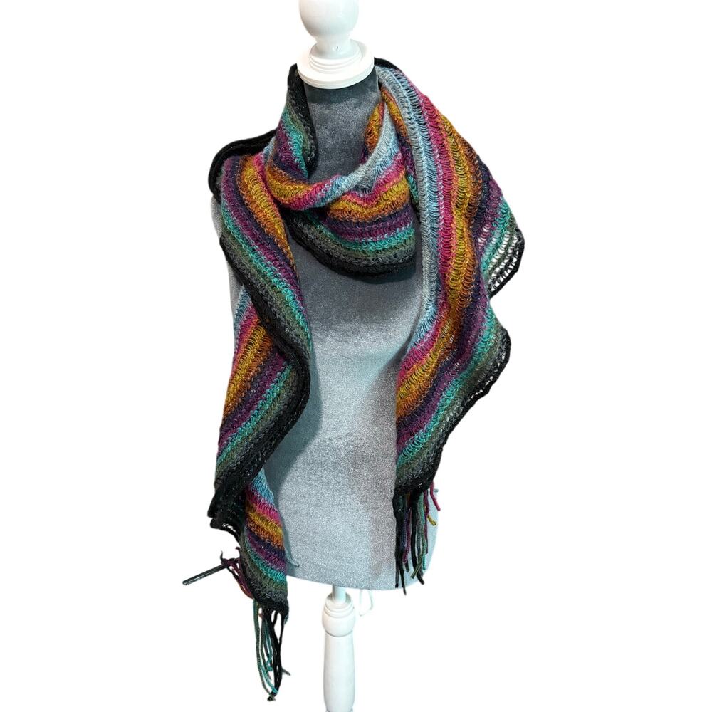 Moody Rainbow Scarf- Ruffles- Black Pink Blue - Warm Tassels- Layered 74"